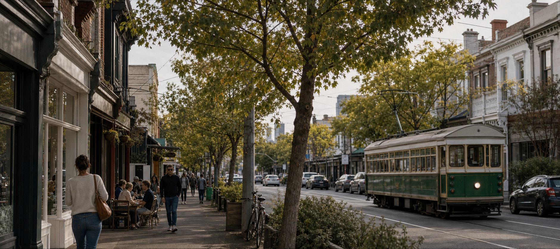 Fitzroy/Richmond style tram streetscape with period homes and local shops